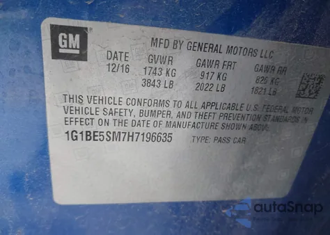 2017 Chevrolet Cruze Lt Auto from USA, damaged, VIN 1G1BE5SM7H7196635